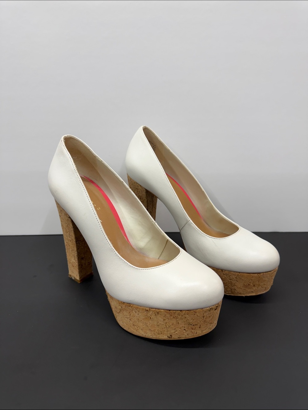 Women's White Cork Platform Pumps — High Block Heel